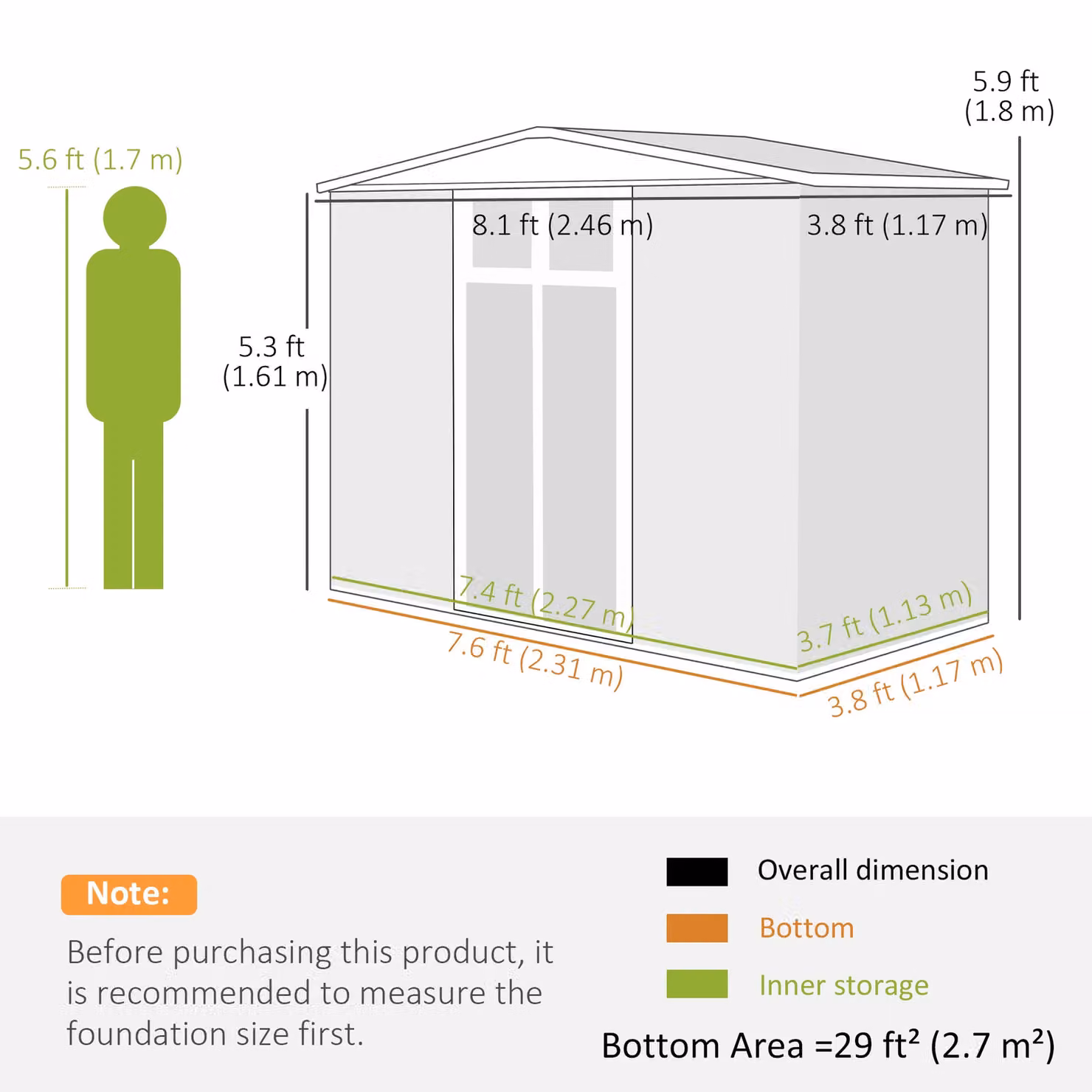 OUTSUNNY Light Grey Galvanised Steel Garden Storage Shed with Double Doors, Window and Side Vent, W/D/H: 243.84 x 121.92 x 180 cm – 3