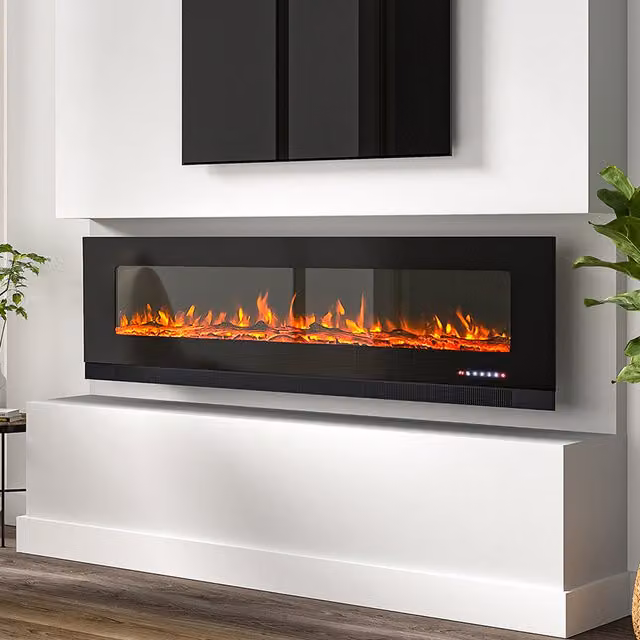 Livingandhome Black Rectangular Wall-Mounted and Recessed Electric Glass Fireplace, Width: 182.9 cm
