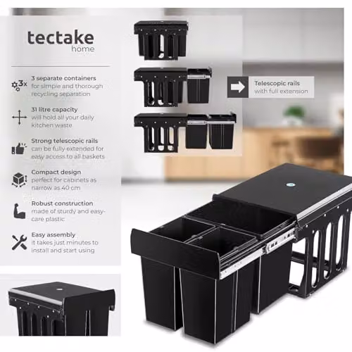 tectake Ashlyn Kitchen Bin with 3 Compartments and Telescopic Rails, Black, 31L Capacity – 2
