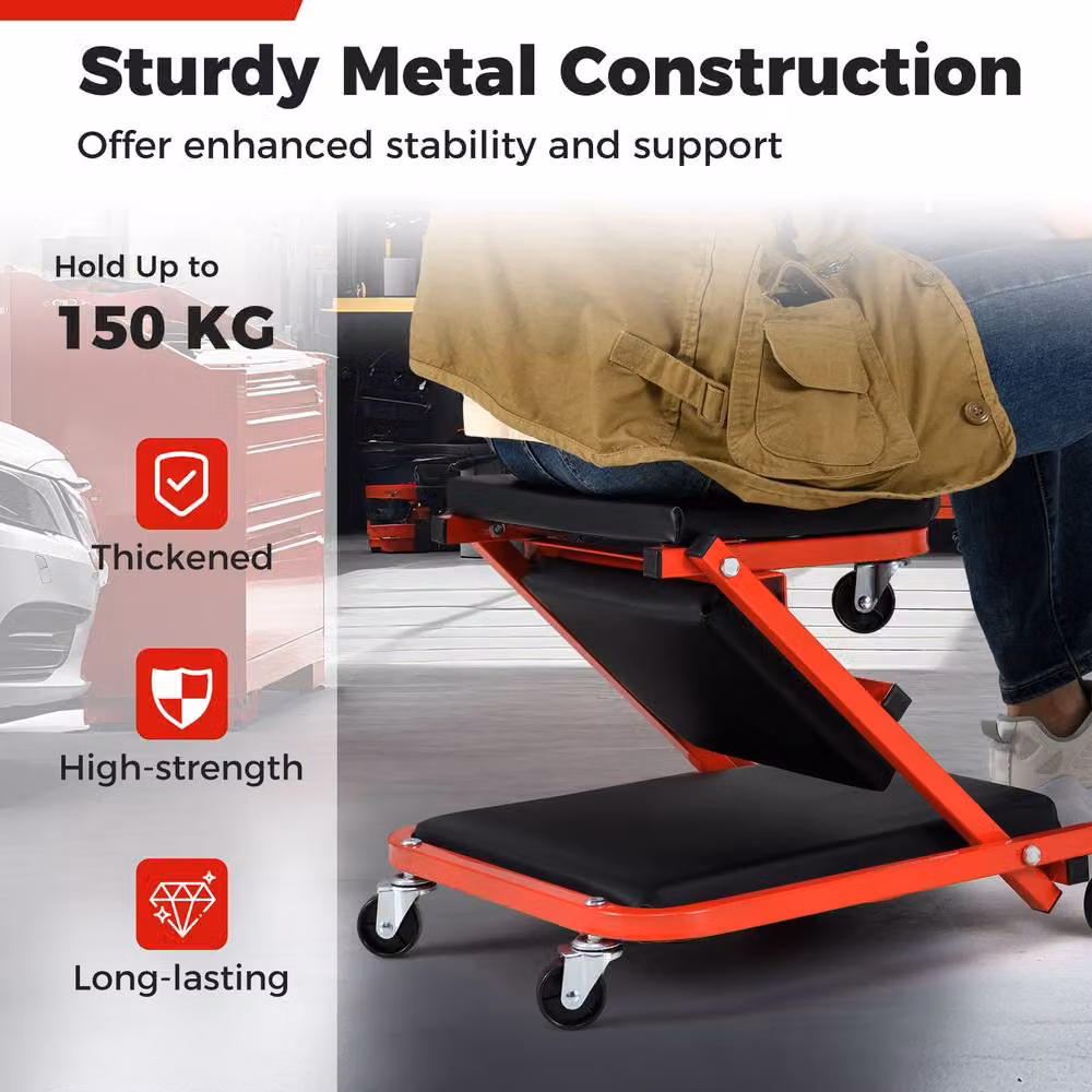 Costway 2-in-1 Rolling Creeper Seat with PVC Padded Seat in Red – 9