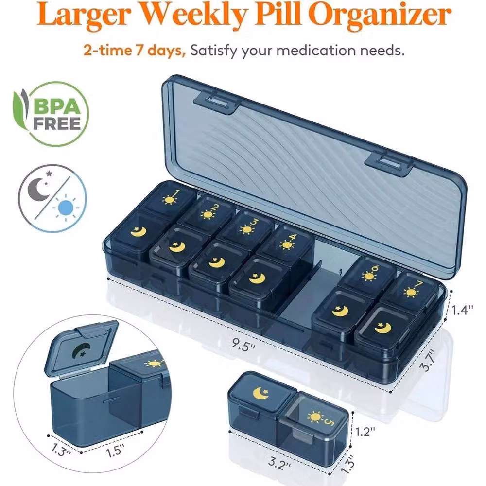 VOGREX Portable 7 Day Lightproof Pill Organizer, 2 Times a Day Travel Pill Box, Blue, Medium – 2