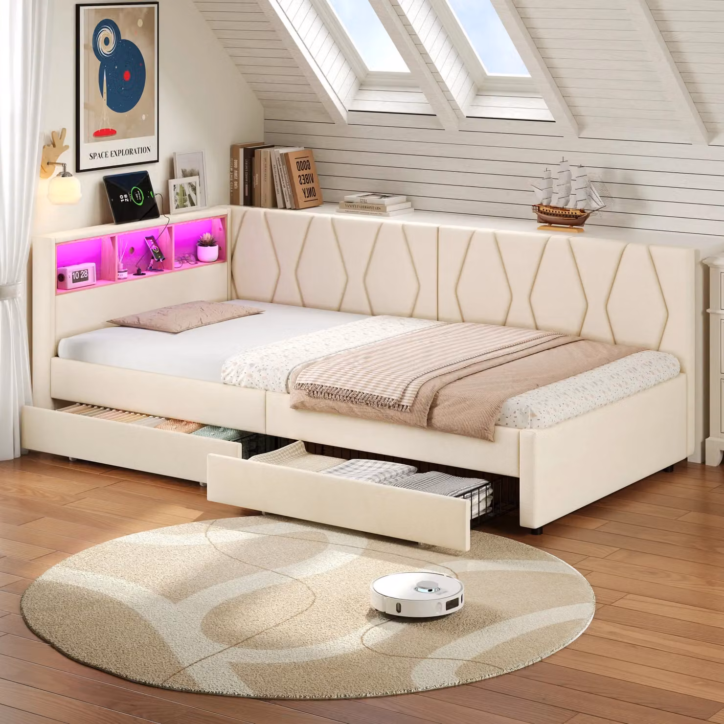 Matteo Upholstered Single Daybed with Two Storage Drawers, Beige, W/D/H: 90 x 190 cm – 2
