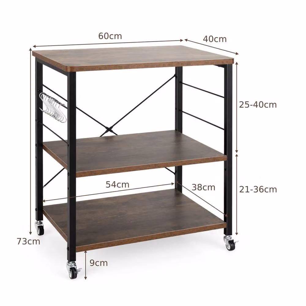 VOGREX 3-Tier Rolling Microwave Cart with Adjustable Shelves in Rustic Brown – 2