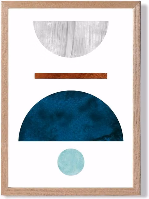 ARTZE Mid Century Geometric Framed Print, Teal, Grey and Green Abstract Semi Circles Paper Poster with Oak Wood Frame, A4