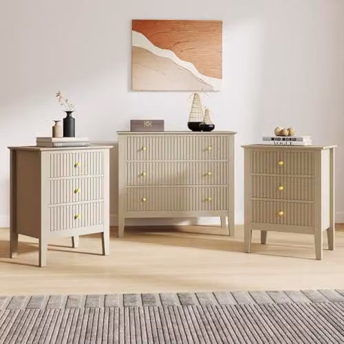 Melody Maison Hales Taupe Range 3 Drawer Chest of Drawers and Pair of Bedside Tables in Beige