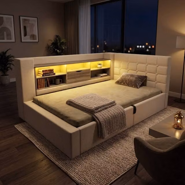 FENCHILIN Upholstered Single LED Daybed Frame with Hydraulic Storage and USB Charging Station in Beige, W/D/H: 90 x 200 cm – 1