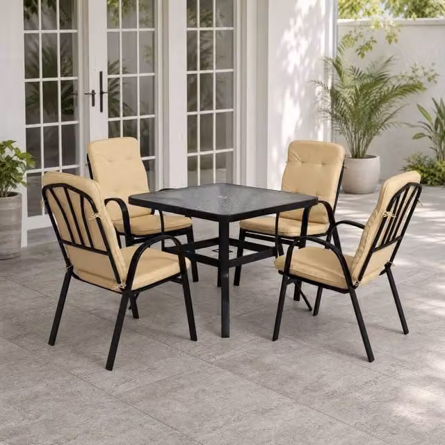 STILVORA Modern Garden Dining Set for 4 with Beige Powder Coated Steel and Glass Top Table – 1