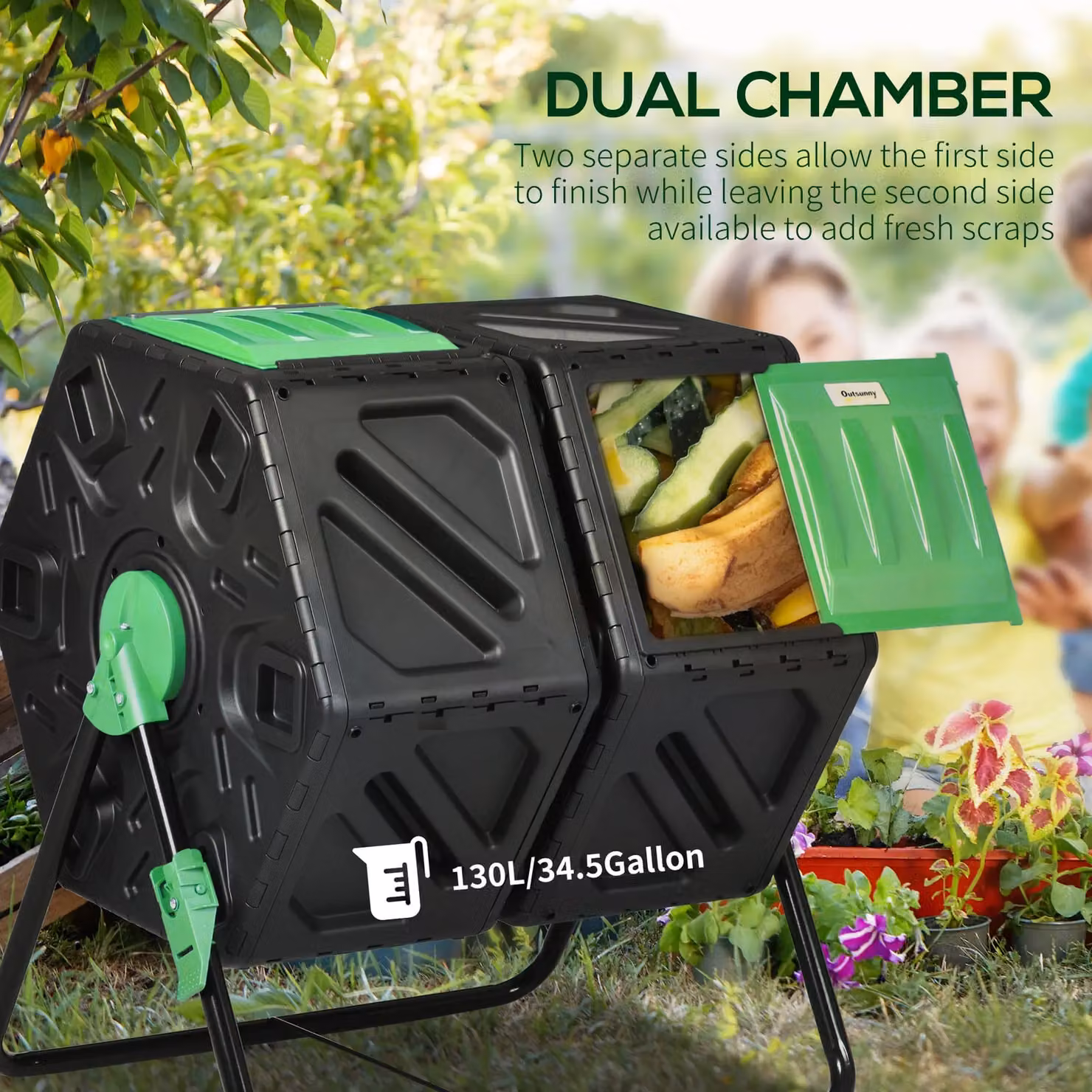 Outsunny Dual Chamber Rotating Garden Compost Bin, 130L, Green – 12