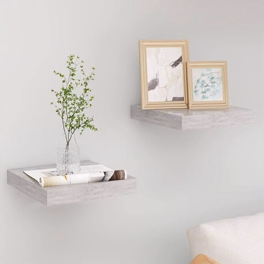 Berkfield Home Floating Wall Shelves, 2 Piece Set in Concrete Grey MDF and Metal, W/D/H: 23 x 23.5 x 2 cm – 2