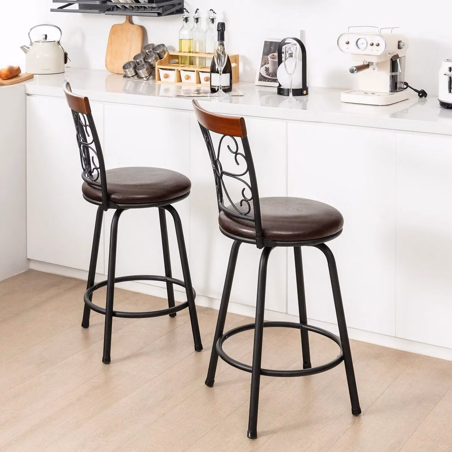 Costway Set of 2 Brown Synthetic Leather Swivel Bar Stools with Adjustable Height and Metal Base – 3