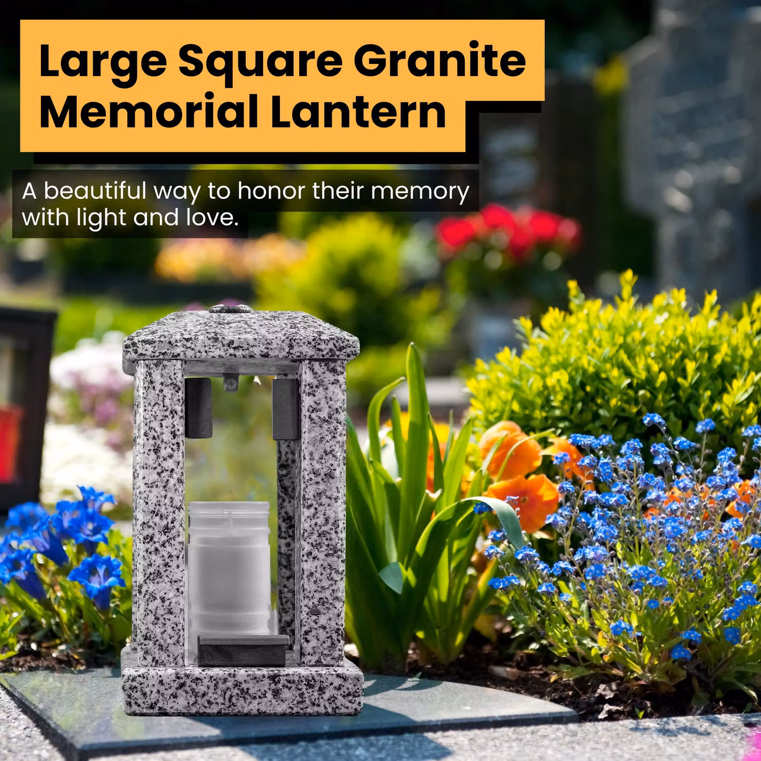 Novecrafto Large Polished Grey Granite Memorial Candle Lantern, H 32 cm, W 15 cm, D 15 cm – 7