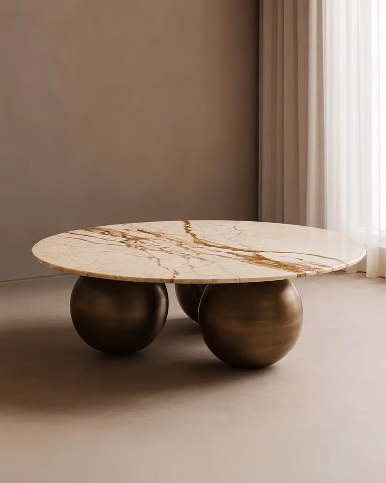 Tommy Franks Crescent Round Marble Coffee Table in Gold, Bronze and Beige