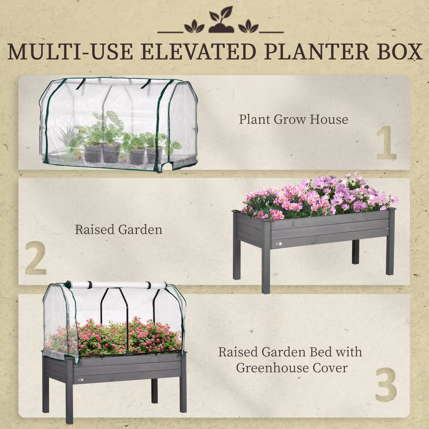Outsunny Raised Wooden Garden Bed with PE Cover, Dark Grey, W/D/H: 121 x 117 x 55 cm – 4