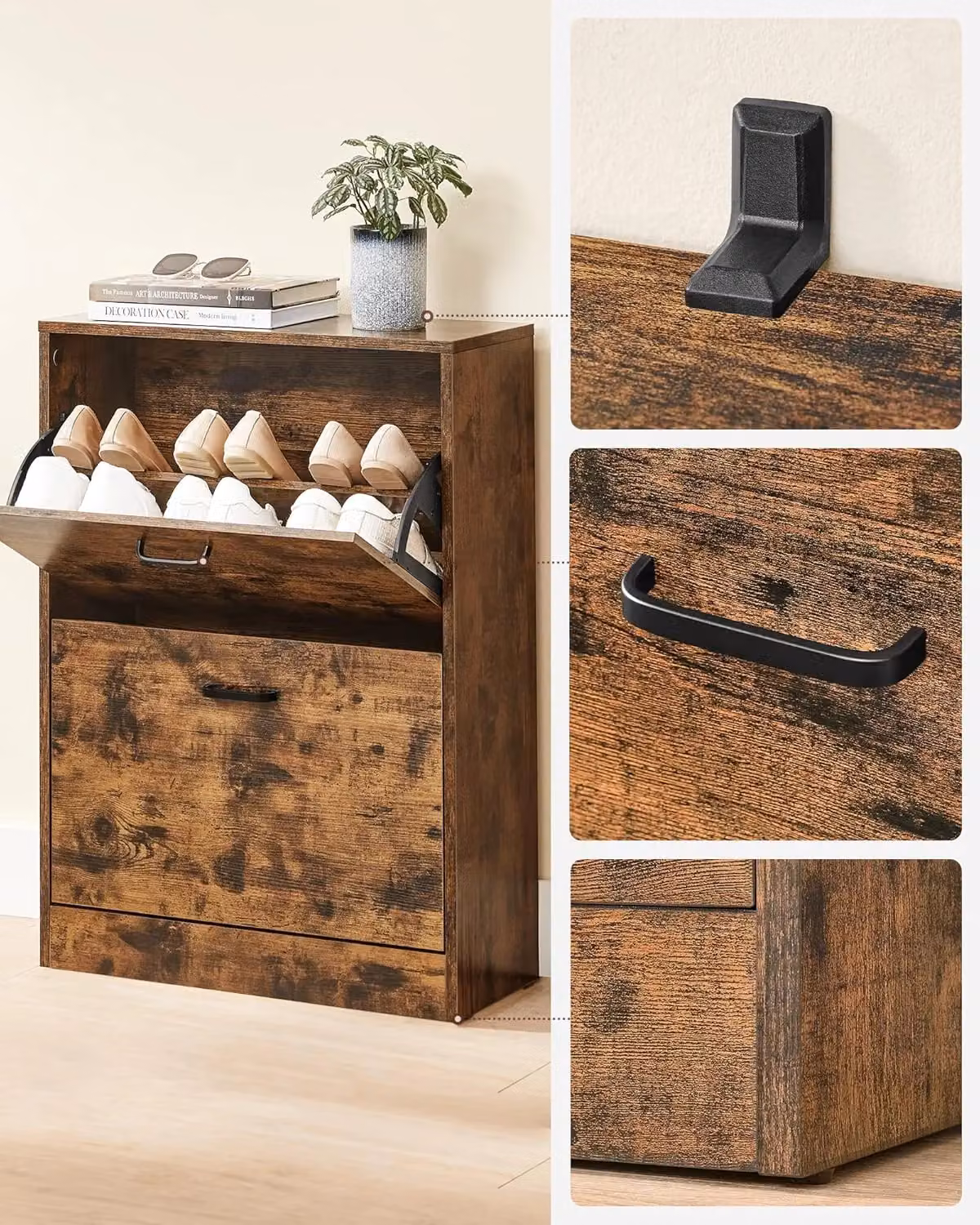 VASAGLE Industrial Slim Shoe Cabinet in Brown with Tilting Compartments and Internal Shelves – 6