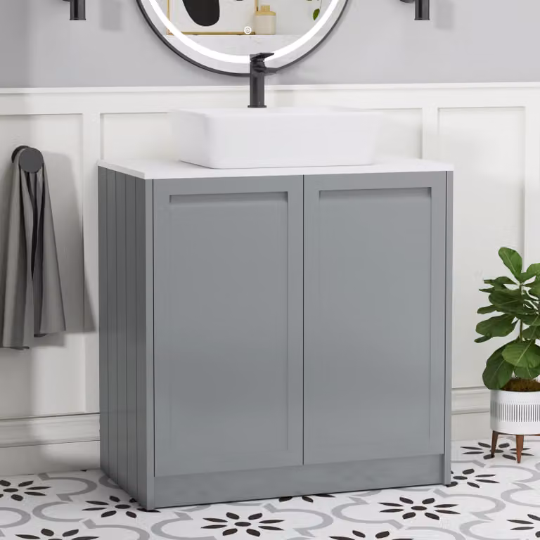 Royal Bathrooms Elmore 800mm Floor Standing 2 Door Vanity Unit in Matt Pebble Grey with Plain White Worktop and Cube Basin