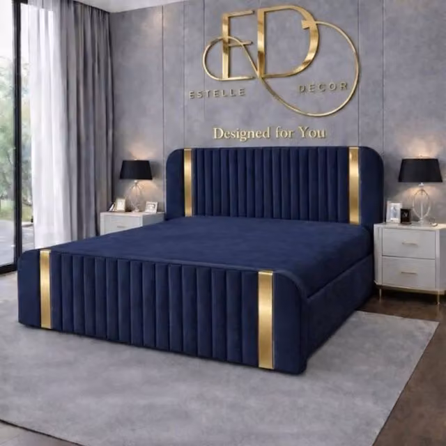 Stratus Interiors Aura Rounded Panel Bed Frame in Blue Velvet with Gold Accents, Super King, W/D/H: 180 x 200 cm