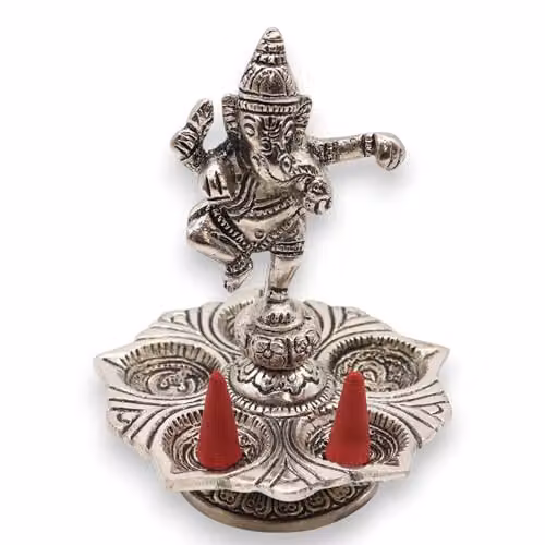 KDMD Dancing Ganesha Silver Metal Incense Holder