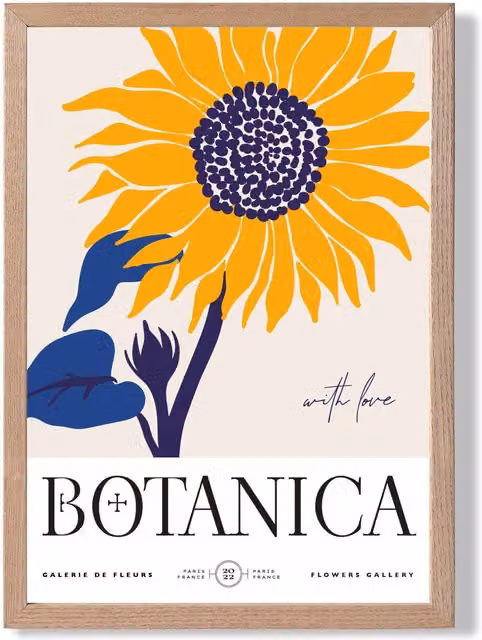 ARTZE Blue and Yellow Sunflower Flower Market Exhibition Framed Print with Oak Frame, A2 – 1