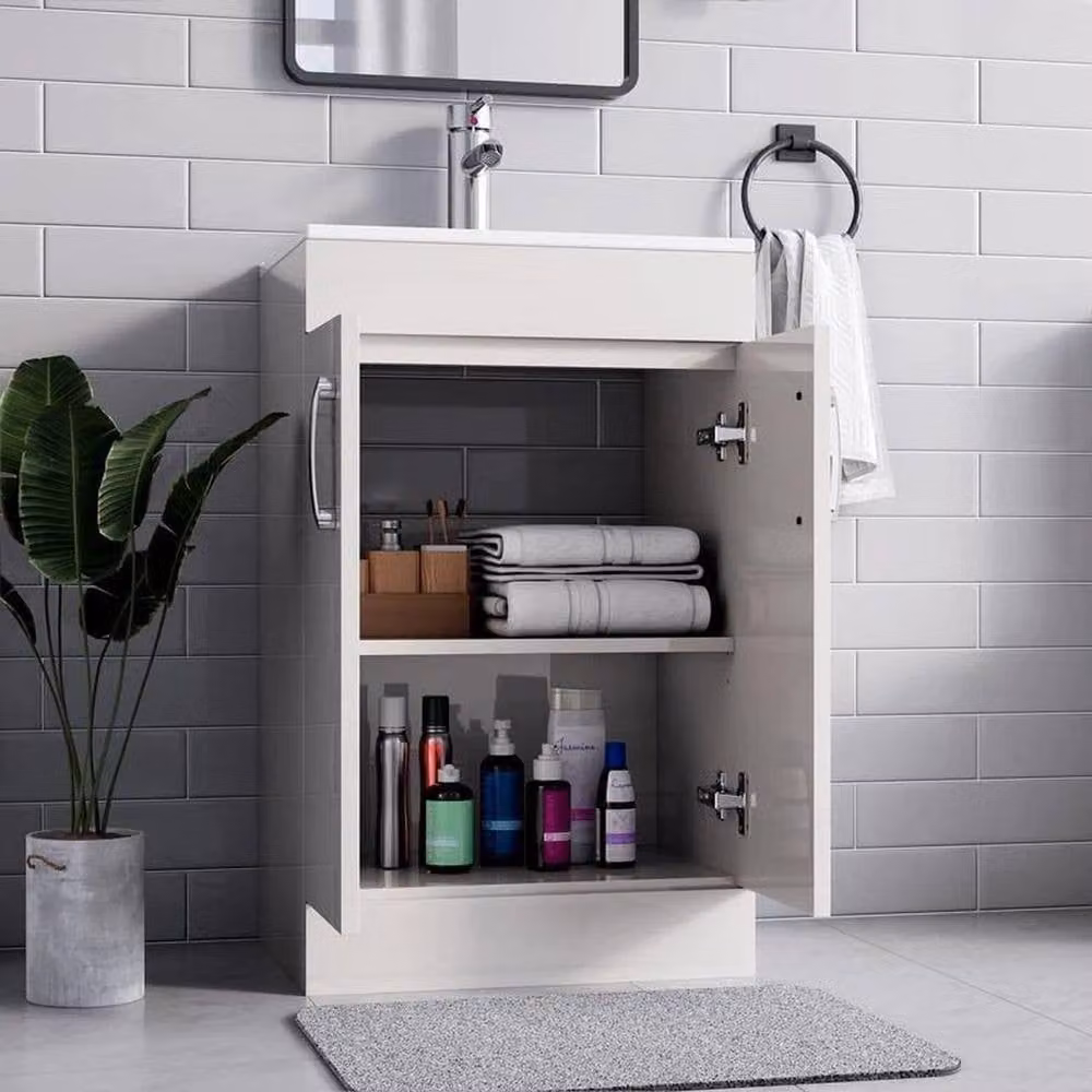 FORGEVIO White Glossy Bathroom Vanity Unit with Sink and Soft-Close Hinged Doors – 3