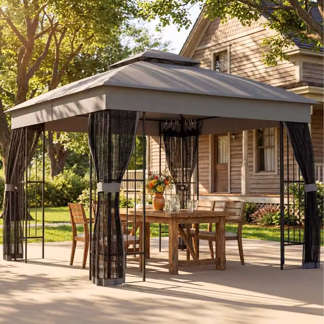 Outsunny Permanent Garden Gazebo with Shelves, Grey, W 3 m x D 3 m