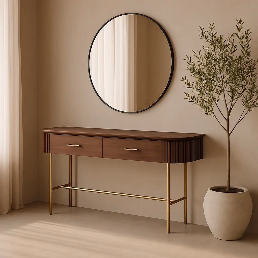 Tommy Franks Lantine Console Table in Walnut and Brass, W: 150.0 cm, D: 39.0 cm, H: 76.0 cm