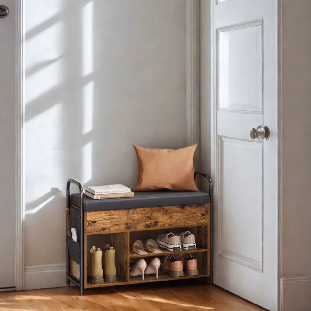 Pirlo Plush Brown Shoe Storage Bench with Cushioned Seat and Open Shelves – 2