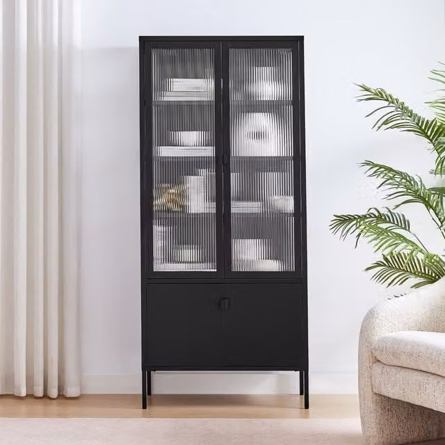 FurnitureboxUK Jia Tallboy Metal Display Cabinet in Black with Glass Doors and Internal Shelves