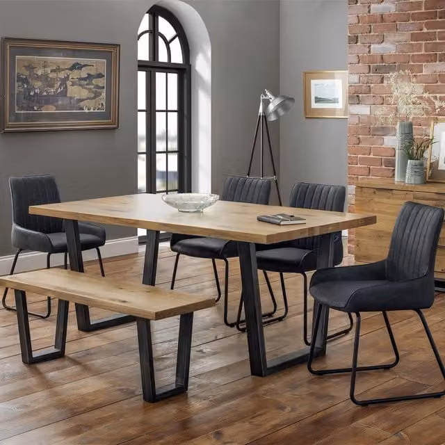 Julian Bowen Brooklyn Oak Rectangular Dining Table, Bench and Soho Chairs Set in Grey