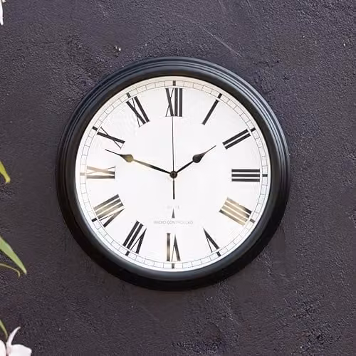 Primrose Black Radio Controlled Round Outdoor Garden Wall Clock, Diameter: 38 cm