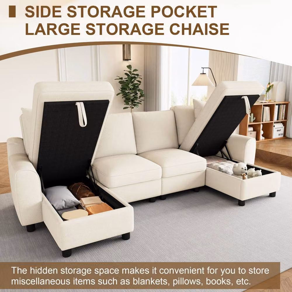 FENCHILIN Chenille U-Shaped Sectional Sofa with 2 Storage Chaise Lounges in Beige – 2