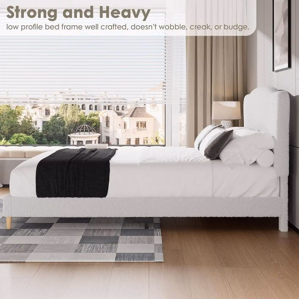 London Boutique Upholstered Double Bed Frame in Beige Bouclé with Heavy Duty Platform Design, W/D/H: 140 x 200 x 104.9 cm – 4