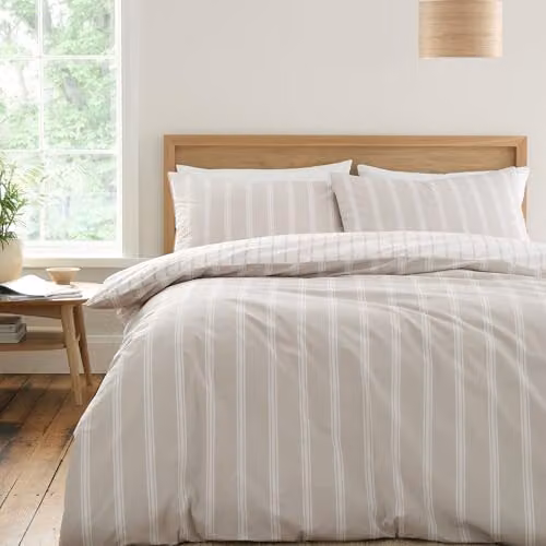 Bianca Ashford Reversible King Size Striped Cotton Percale Duvet Cover and Pillowcase Set in Beige