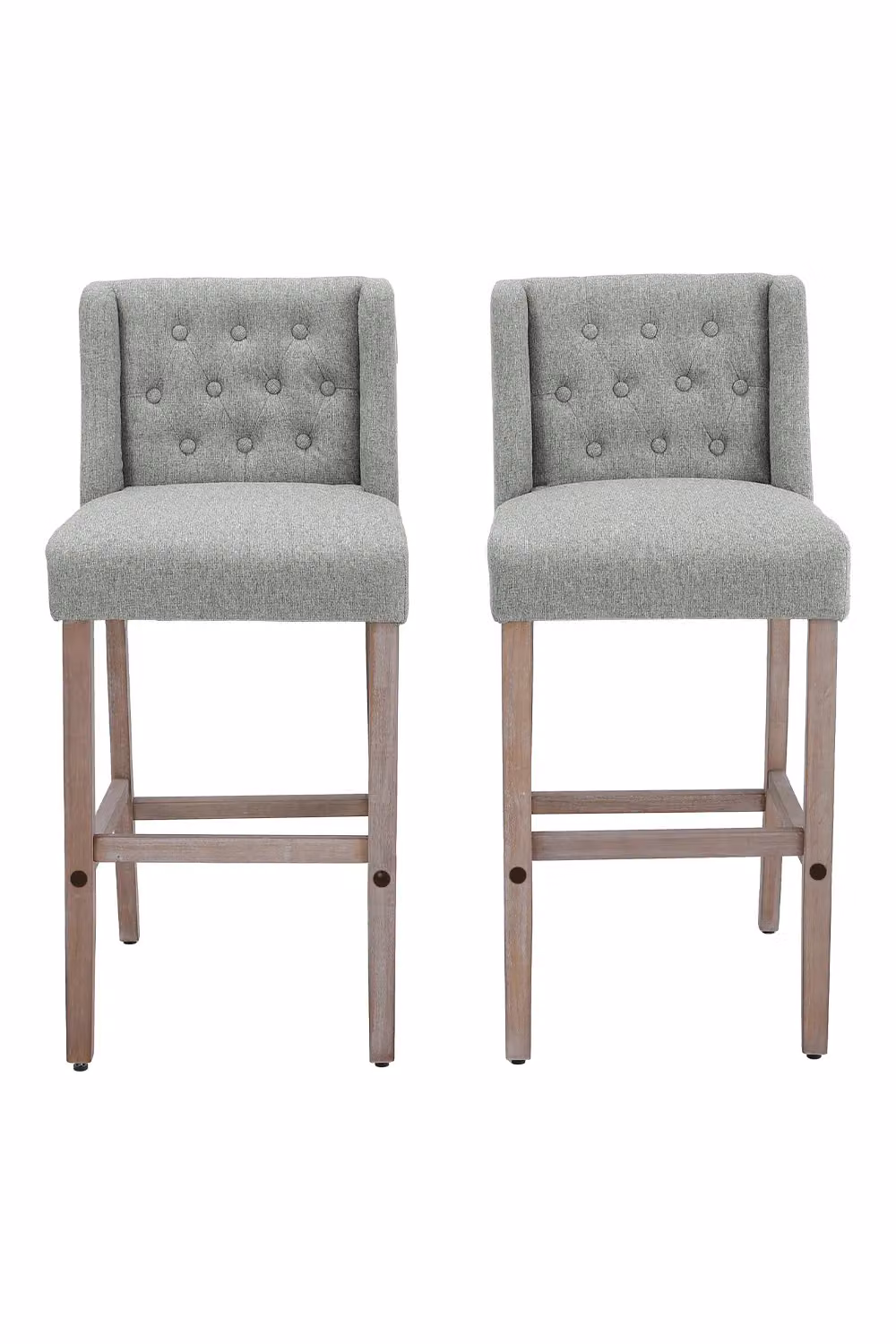 Living and Home Set of 2 Linen Upholstered Button Tufted Bar Stools with Wood Legs in Light Grey – 3