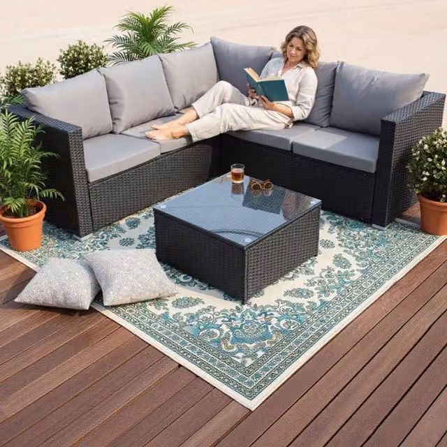 BIRCHTREE Modern Black Rattan and Glass Furniture Set RFS08