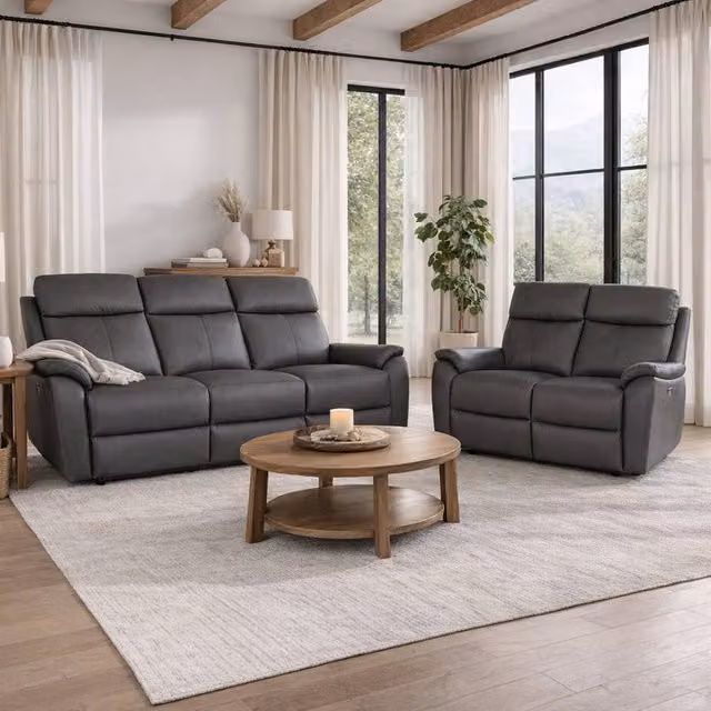 Aspire Kingsmere 3 + 2 Power Recliner Sofa Set in Charcoal Real Leather with USB Charging