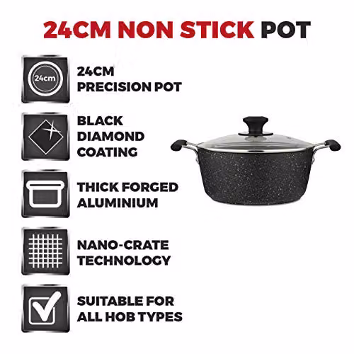 Tower Precision Non-Stick Aluminium Stock Pot with Glass Lid, Black, Diameter: 24 cm – 2