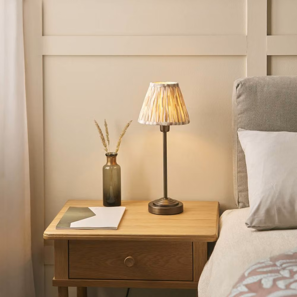 Netlighting Rise Bronze Plate Table Lamp with Brown Fabric Ikat Shade, E14, 16 cm – 2
