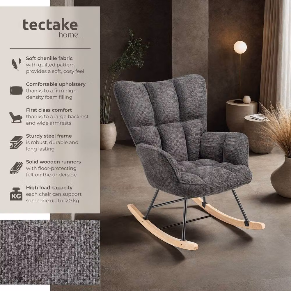 tectake Torve Rocking Chair with Plush Quilted Padding and Wooden Runners in Dark Grey – 2