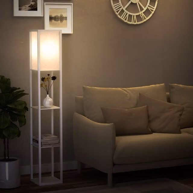 HOMCOM White Floor Lamp with 3-Tier Storage Shelf for Home Office and Living Room – 1