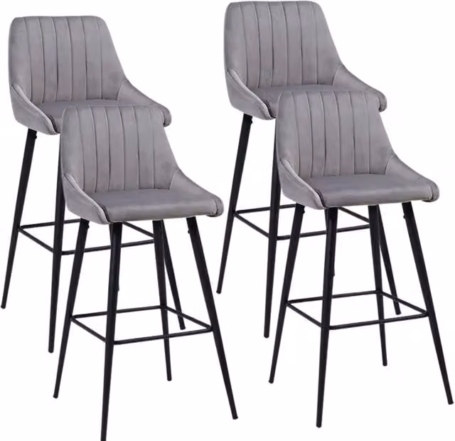 Set of 4 Novecrafto Modern Velvet Bar Stools with Metal Footrest Base in Grey and Black