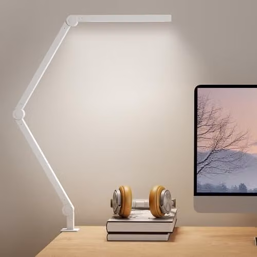 HOMCOM Dimmable LED Desk Lamp with Adjustable Swing Arm and Clip, White