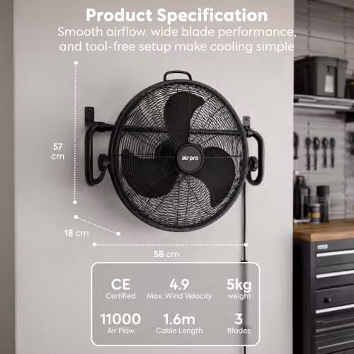 Air Pro 20 inch Oscillating Metal Wall Mounted Cooling Fan in Black – 5