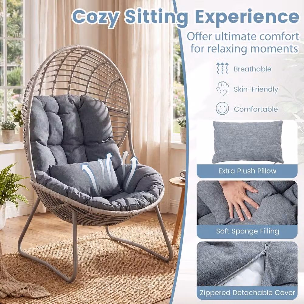 Costway Oversized PE Wicker Egg Chair with Removable Seat and Back Cushions in Grey – 5