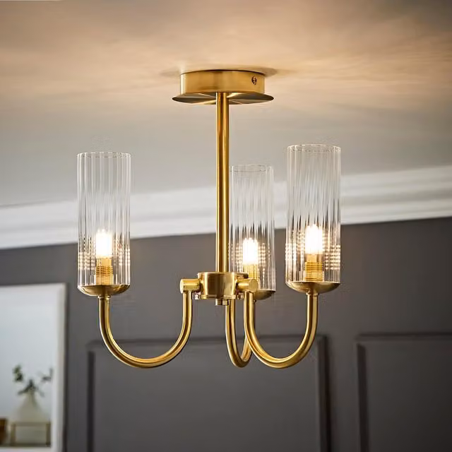 ValueLights Canya 3 Way Ribbed Glass Chandelier Ceiling Light in Gold/Brass with Bulbs