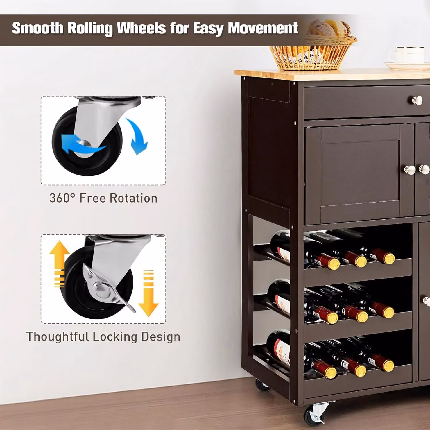 Costway Rolling Kitchen Storage Trolley with 3 Tier Wine Rack and Cupboard Cabinet in Brown – 3