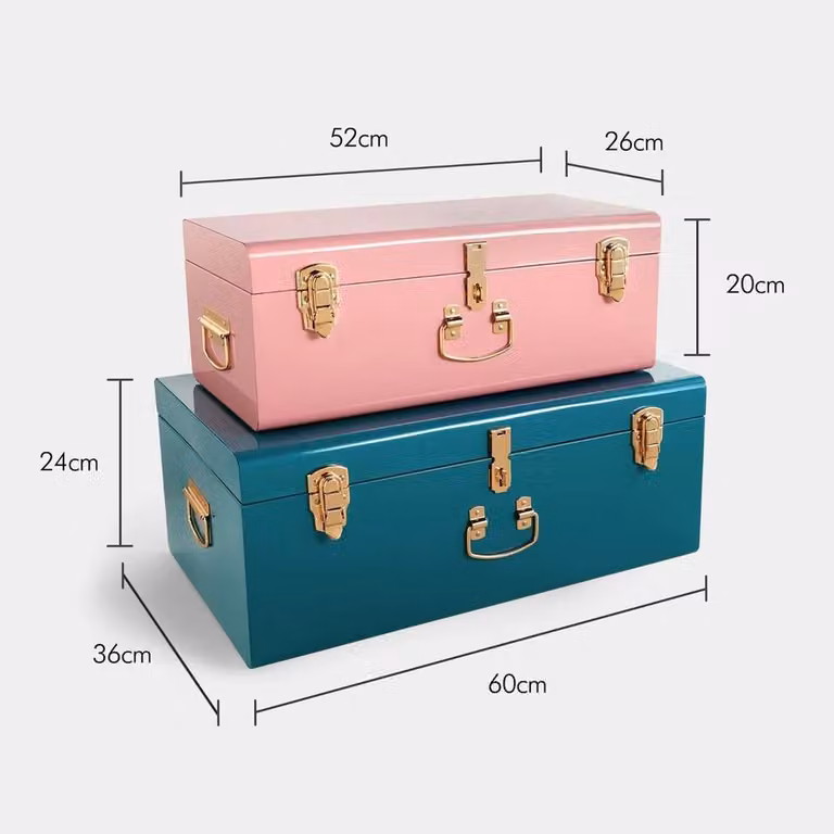 Havendro Set of 2 Glossy Metal Industrial Storage Trunks in Pink and Petrol Blue