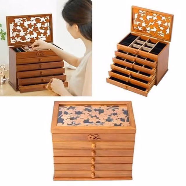 NESTLUNE 6 Layer Large Vintage Wooden Jewellery Box with Storage Drawers, Brown, W: 100 cm, D: 15 cm, H: 15 cm – 1
