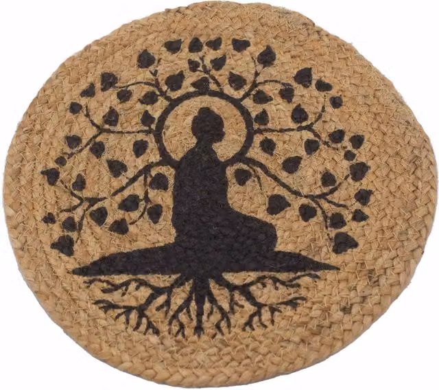 KDMK Round Rustic Brown Jute Place Mat with Graphic Bodhi Tree Print