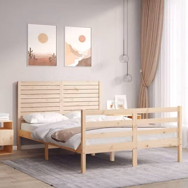 Berkfield Home Solid Wood Bed Frame with Headboard in Brown, W/D/H: 140 x 190 cm
