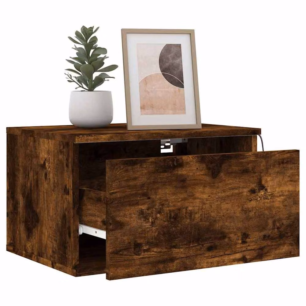 Berkfield Home Wall-mounted Bedside Cabinet with Integrated LED Lights in Smoked Oak Brown – 5